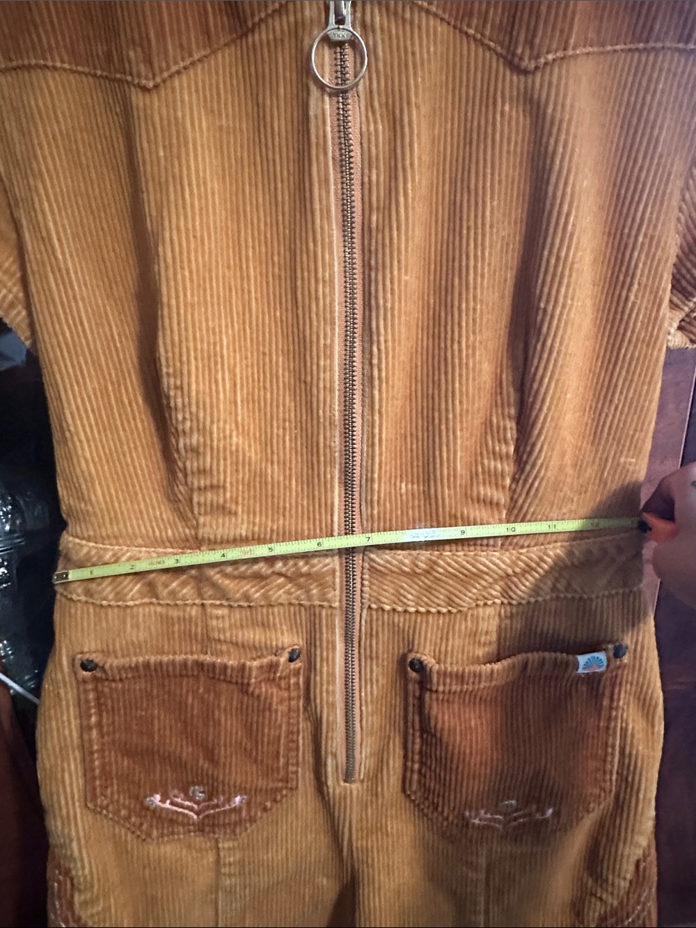 Corduroy Short-Sleeve Mini coveralls shorts in Mustard with Embroidered Yoke - Picture 4 of 4
